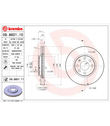 Disque de frein BREMBO 09.8601.11 OPEL Corsa C Combo Kasten/Kombi Meriva Combo Tour Tigra Twintop