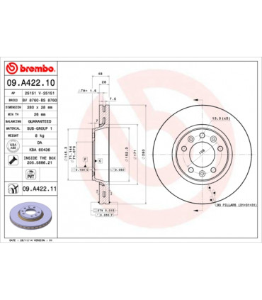 Disque de frein BREMBO 09.A422.11 PEUGEOT FIAT CITROEN Expert Tepee Scudo Jumpy Jumpy Kasten