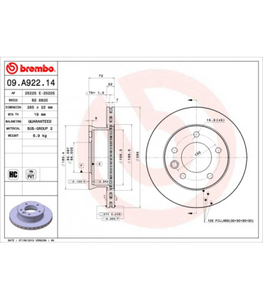 Disque de frein BREMBO 09.A922.14 MERCEDES-BENZ Sprinter 4-T Bus Sprinter 3-T Bus Sprinter 2-T Bus