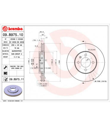 Disque de frein BREMBO 09.B975.11 VW SEAT SKODA UP Mii Citigo