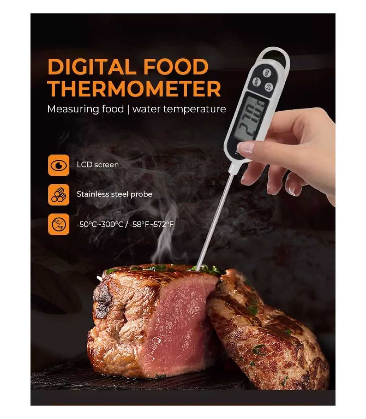 Thermomètre de Cuisine, Numérique en Acier Inox, à lecture instantanée