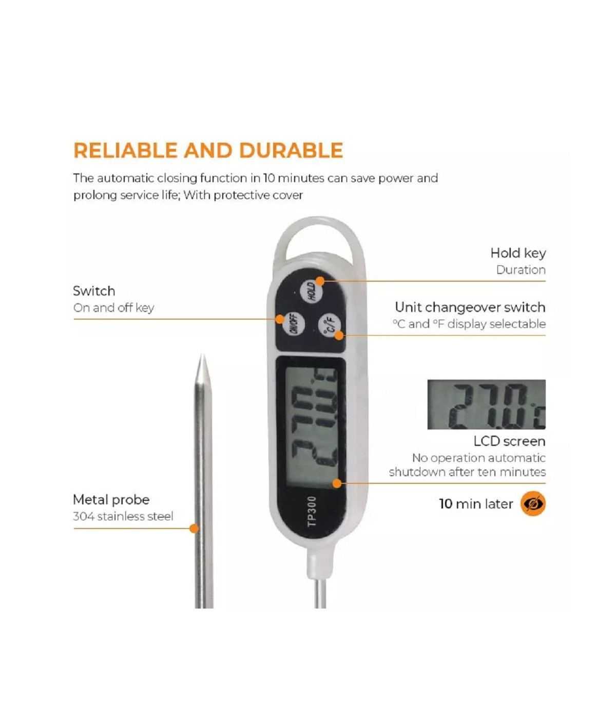 Digital Kitchen Thermometer, Stainless Steel, Instant-Read