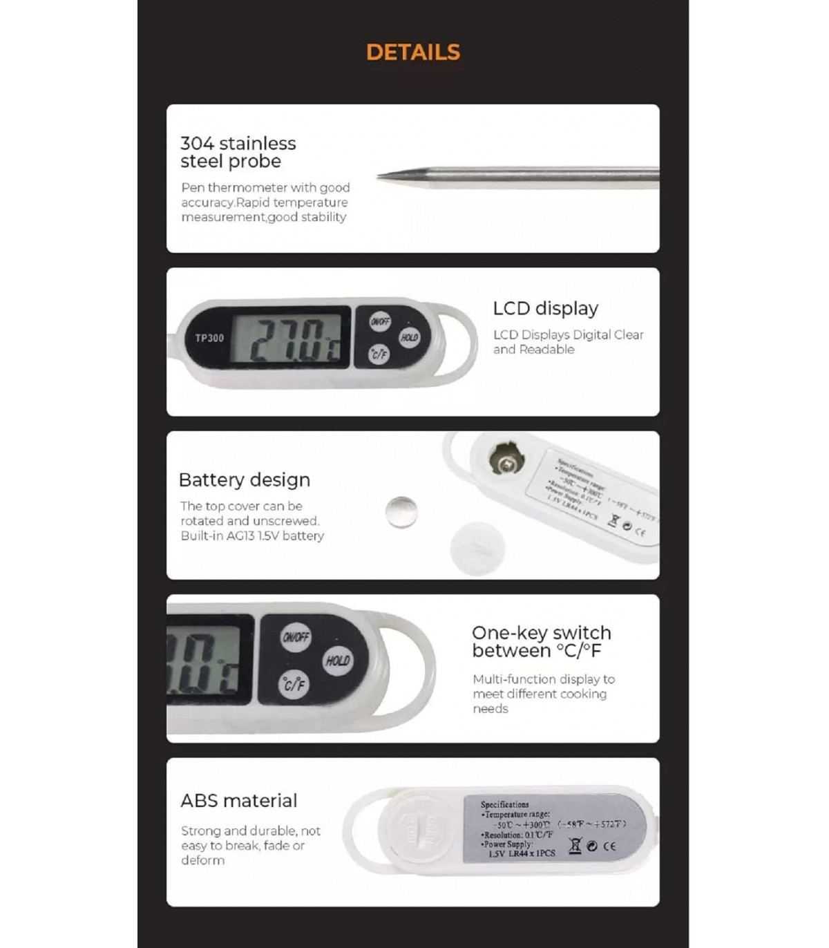 Digital Kitchen Thermometer, Stainless Steel, Instant-Read