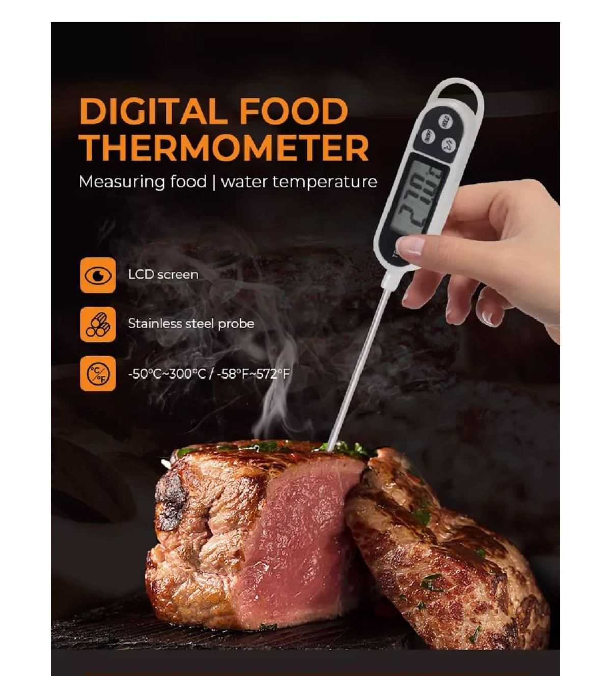 Digital Kitchen Thermometer, Stainless Steel, Instant-Read
