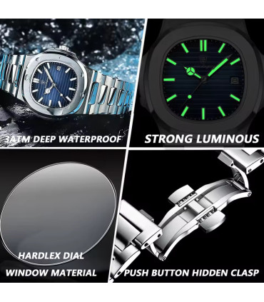 Montre de luxe carrée pour homme en acier inoxydable étanche avec date, aiguilles lumineuses - 