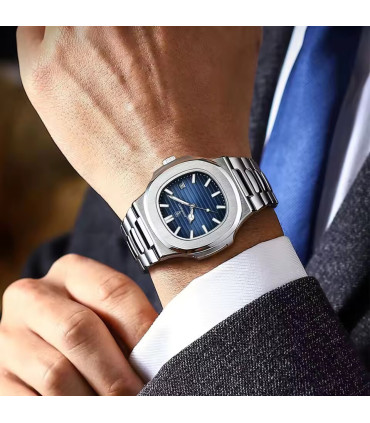 Montre de luxe carrée pour homme en acier inoxydable étanche avec date, aiguilles lumineuses - 