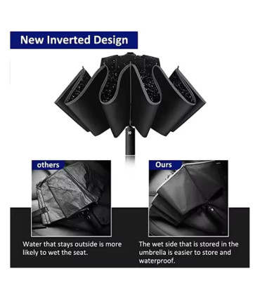 Parapluie pliant automatique inversé pour hommes et femmes avec bande réfléchissante coupe-vent