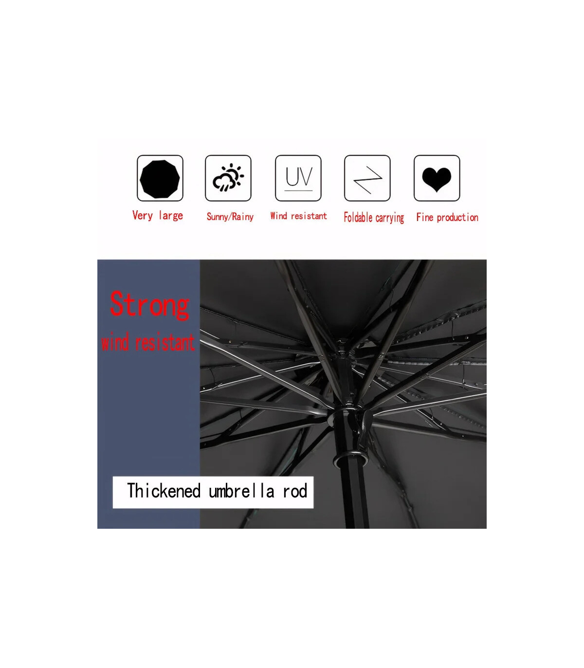 [Red] Parapluie pliant surdimensionné de 130CM, coupe-vent et imperméable, grand parasol de sol