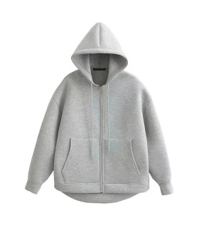 HH automne femmes gris veste avec capuche à manches longues grande poche veste à glissière mant