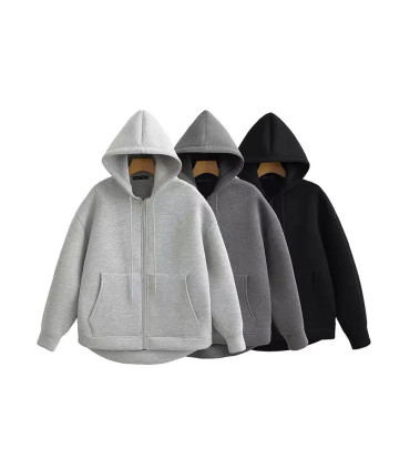 HH automne femmes gris veste avec capuche à manches longues grande poche veste à glissière mant