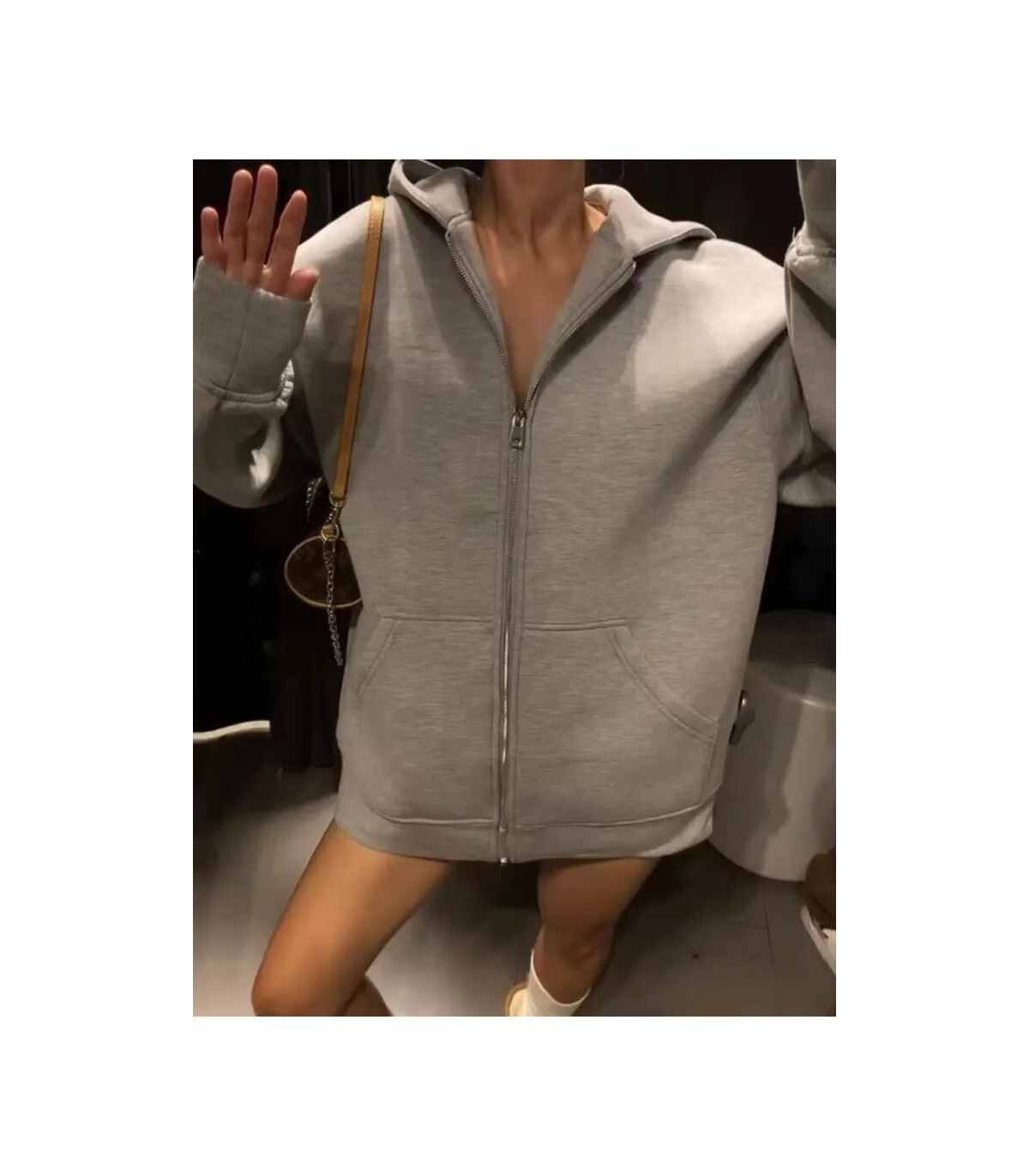 HH automne femmes gris veste avec capuche à manches longues grande poche veste à glissière mant