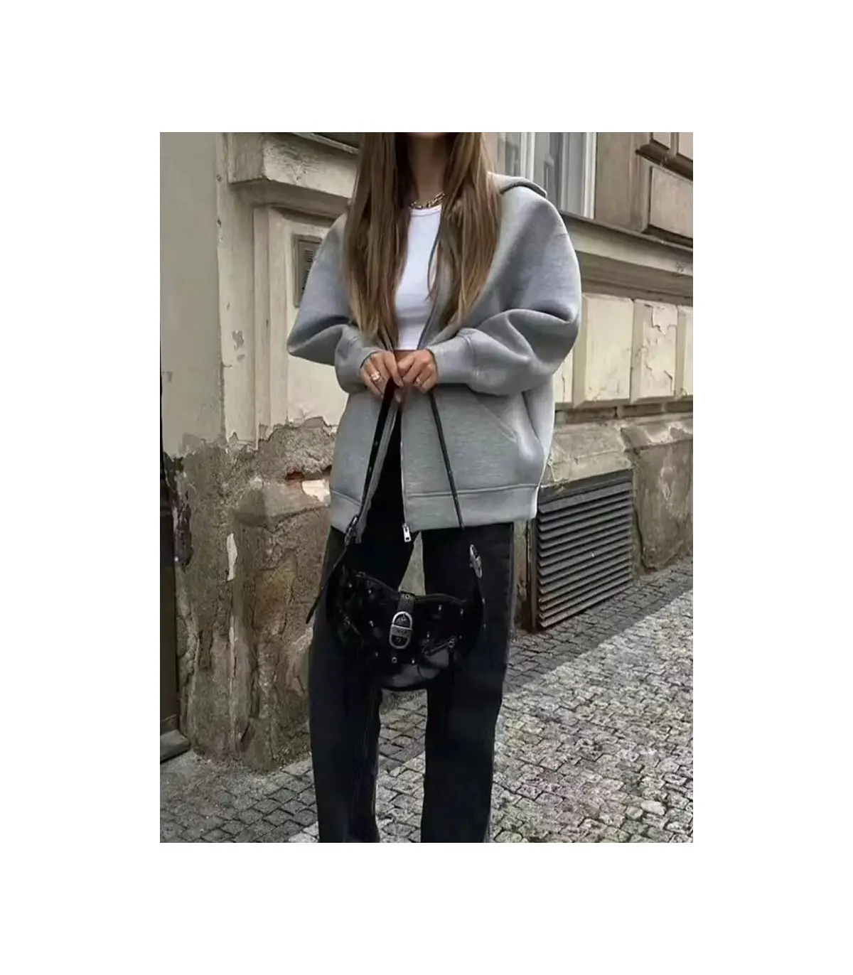 HH automne femmes gris veste avec capuche à manches longues grande poche veste à glissière mant