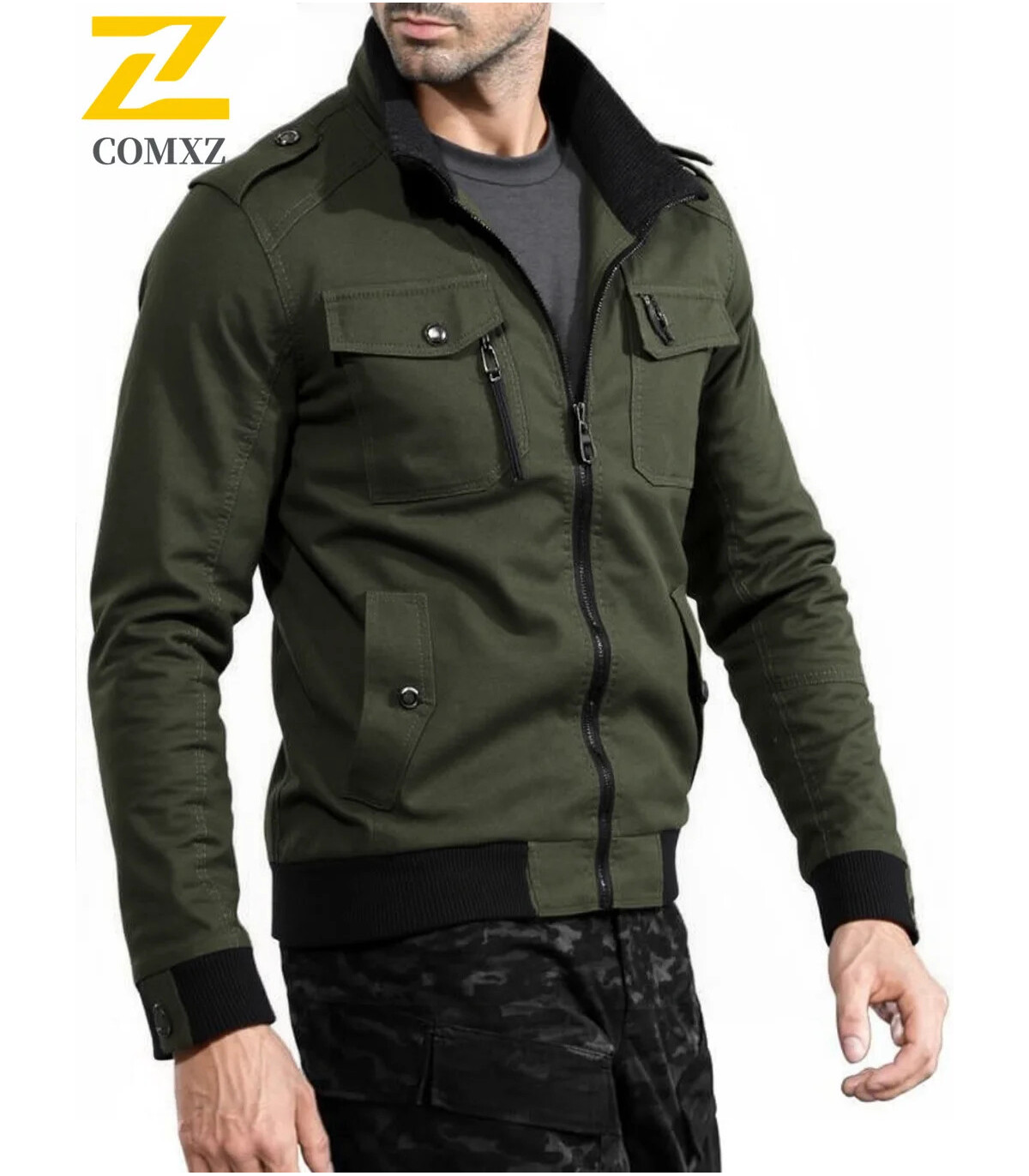 Veste d\'automne légère en coton pour hommes, couleur unie, fermeture éclair complète, grande ta