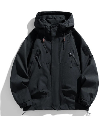 Coupe-vent hommes veste à capuche manteau à glissière Cargo imperméable noir Bomber Camping amp