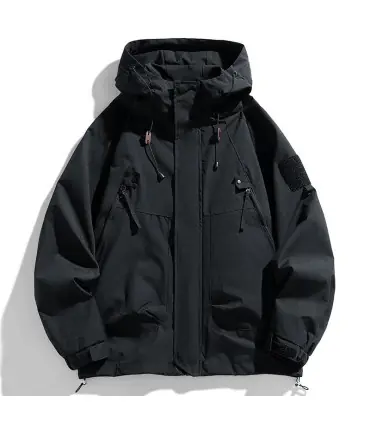 Coupe-vent hommes veste à capuche manteau à glissière Cargo imperméable noir Bomber Camping amp