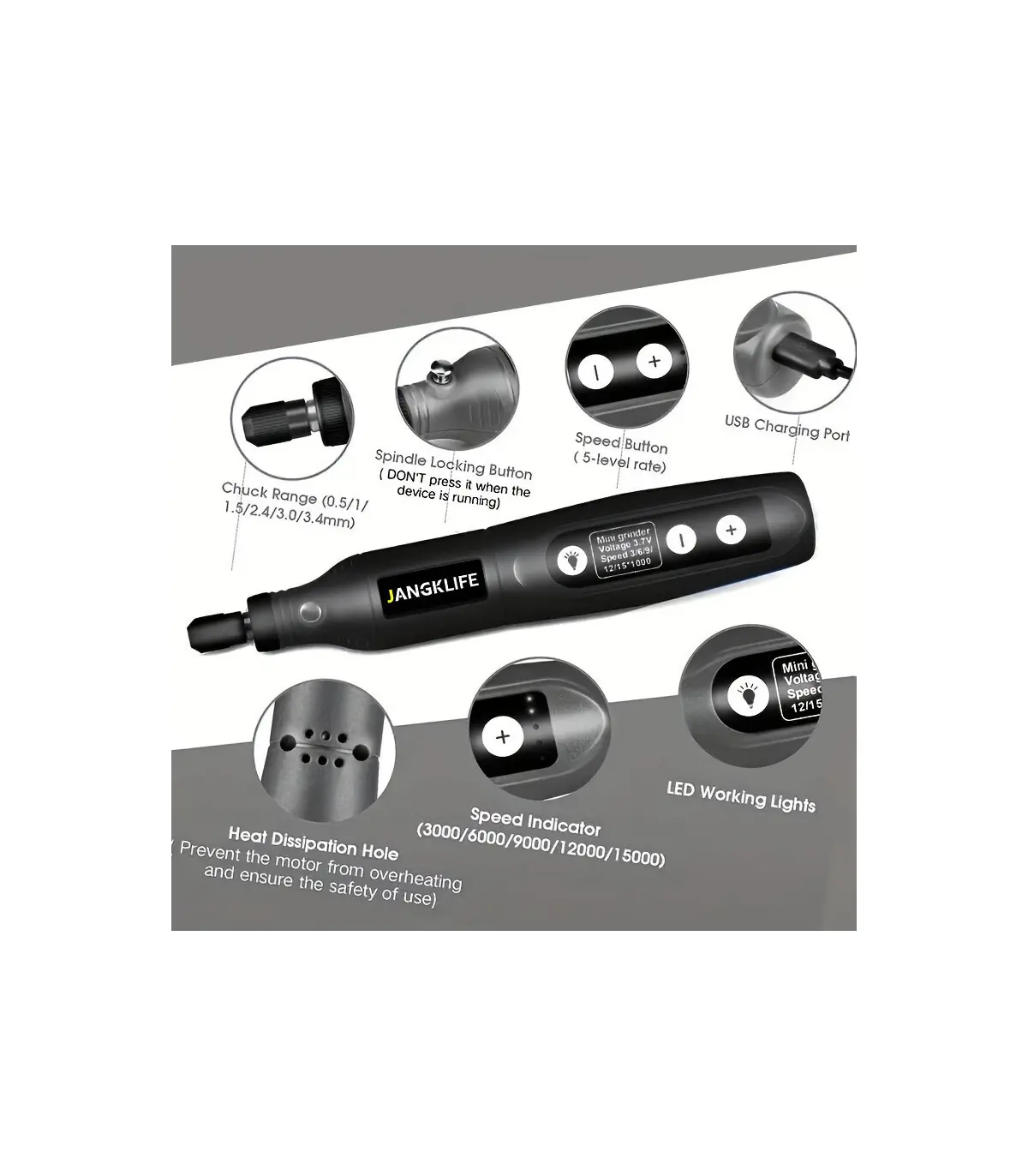 [Black-24pcs] JANGKLIFE USB Kit d\'outils rotatifs sans fil stylo de gravure sur bois bricolage 