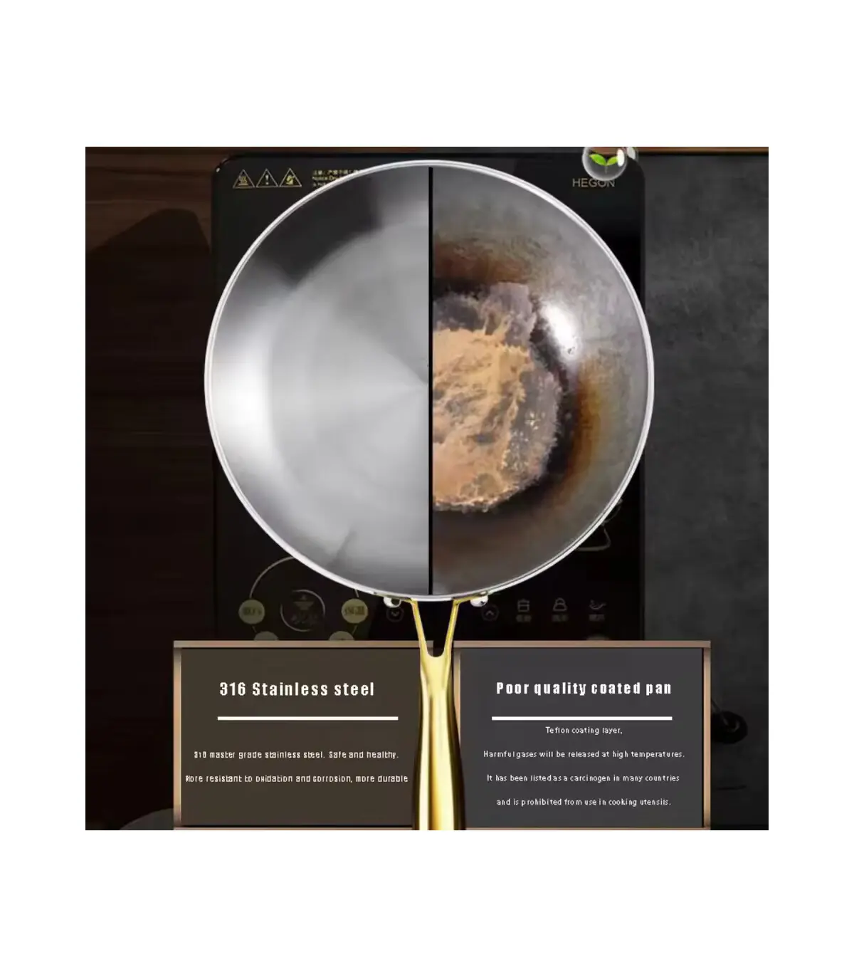 Poêle à frire de cuisine en acier inoxydable 316, poêle à frire antiadhésive non revêtue, marmi