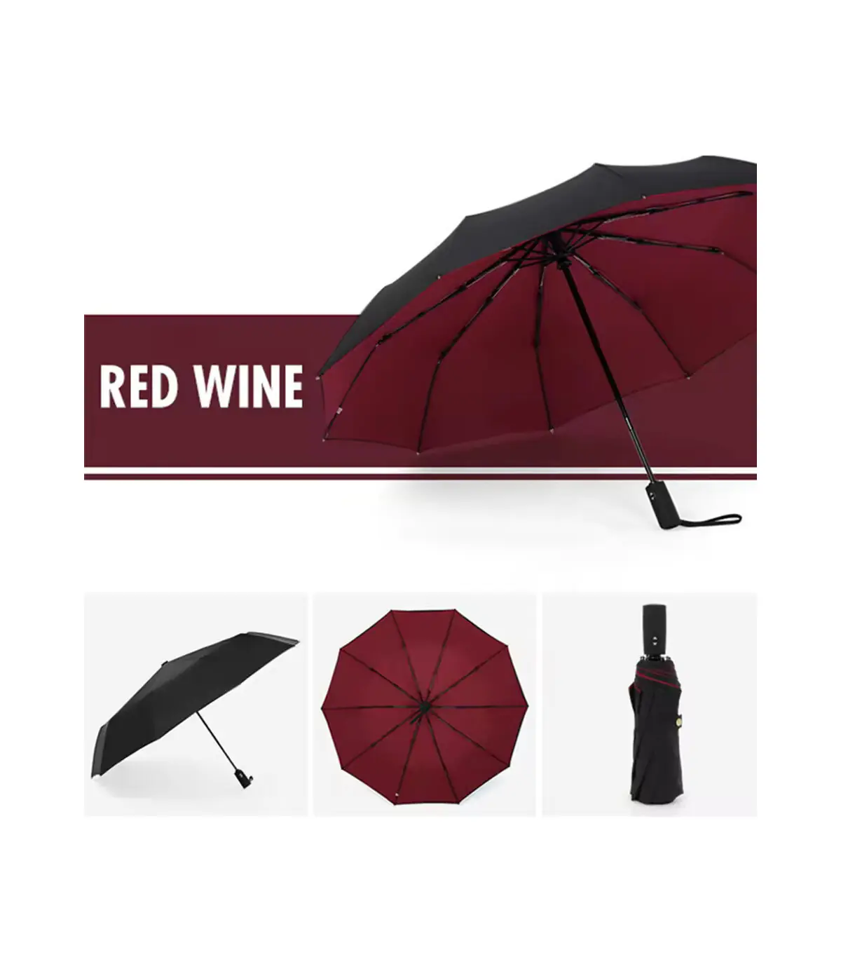 [Wine red] Parapluie à double couche entièrement automatique, coupe-vent