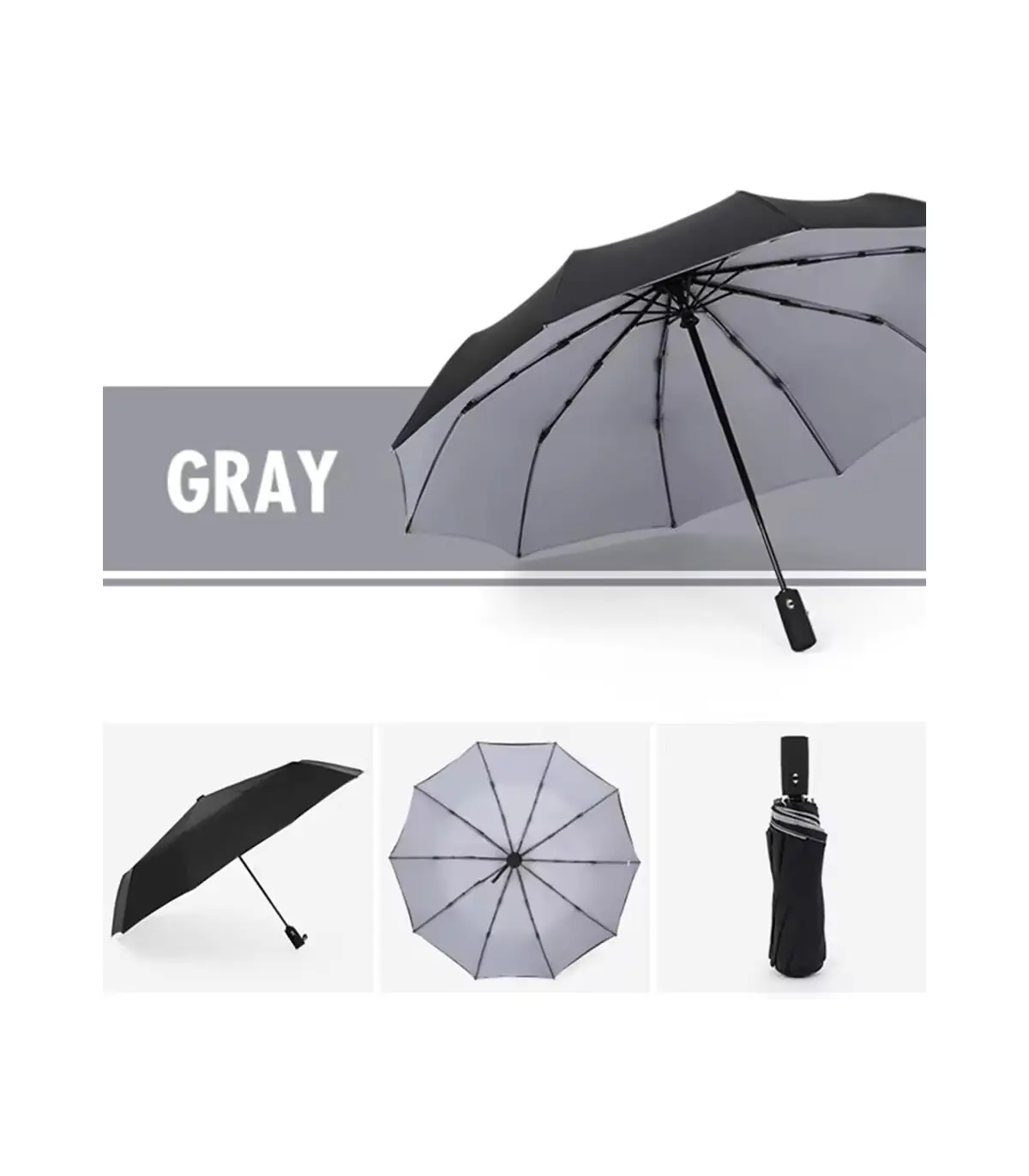 [Grey] Parapluie à double couche entièrement automatique, coupe-vent