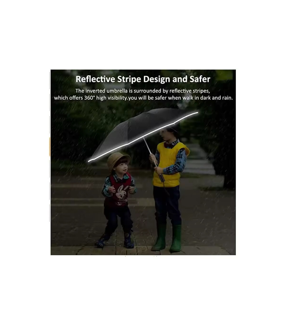 [White] Parapluie pliant inversé entièrement automatique pour hommes et femmes, avec bande réfl