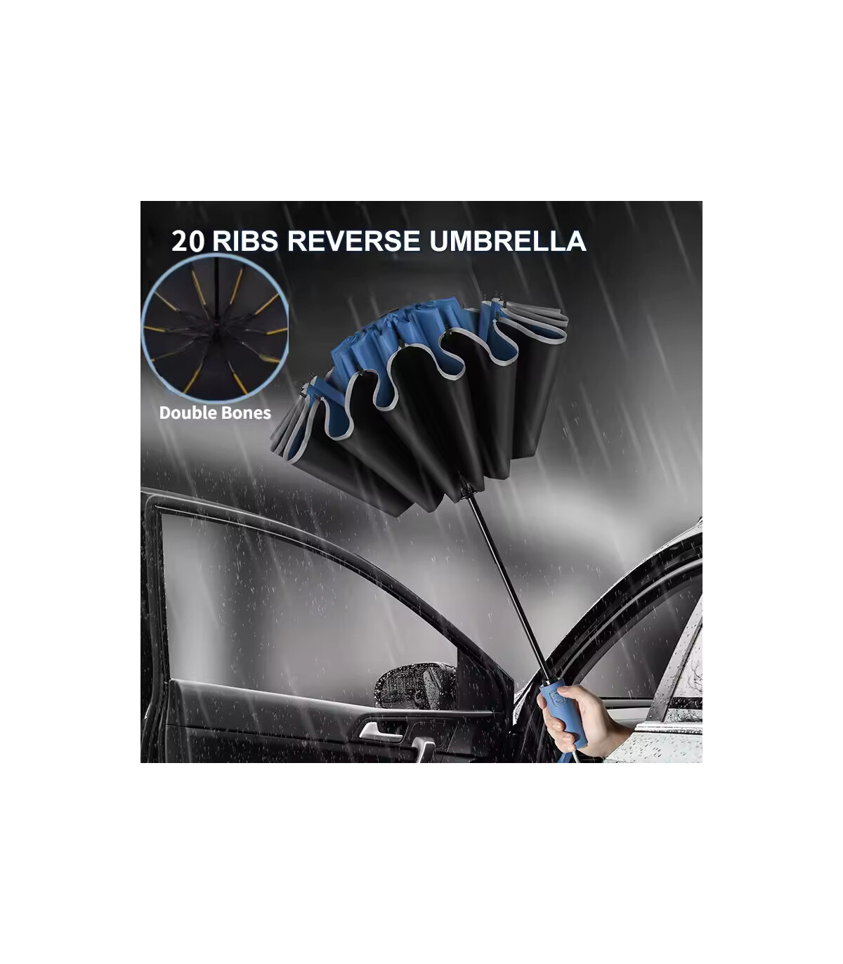 [Blue] Parapluie pliant inversé entièrement automatique pour hommes et femmes, avec bande réflé