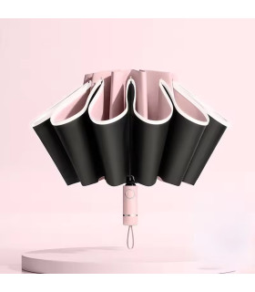 Rosa] Vollautomatischer umgekehrter faltbarer Regenschirm für Männer und Frauen mit reflektierendem Band.