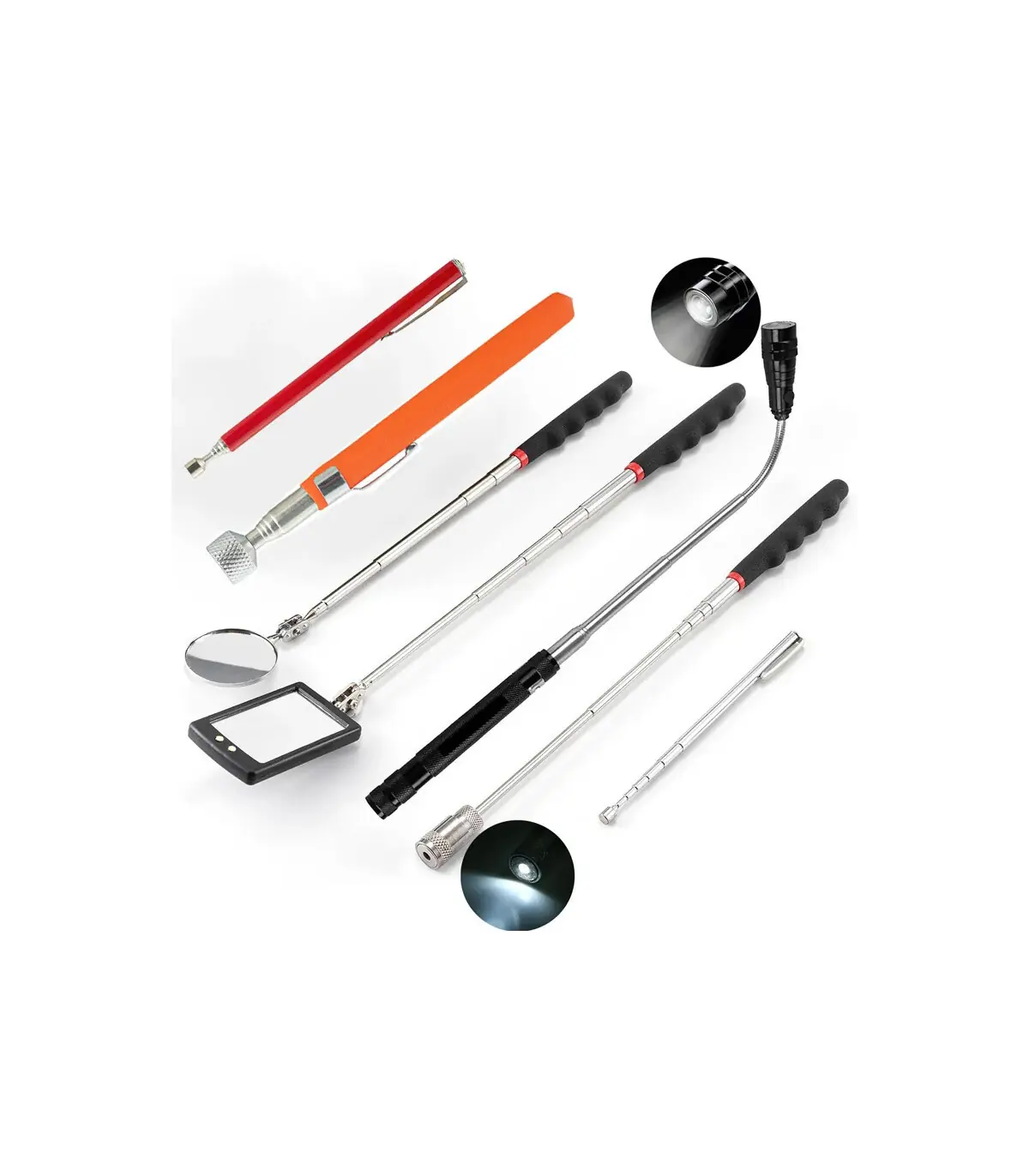 [6Pcs] Ensemble d\'outils de ramassage magnétique télescopique, miroir d\'inspection, lampe de po
