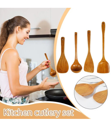 [4pcs] Ensemble d\'ustensiles de cuisine en bois, cuillères en bois pour la cuisine, ustensiles,