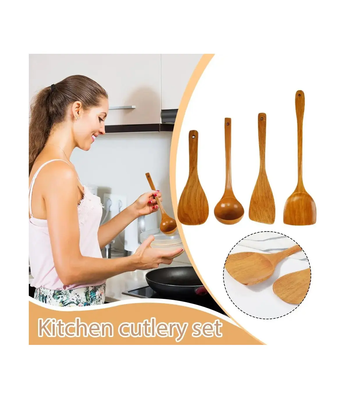 [4pcs] Ensemble d\'ustensiles de cuisine en bois, cuillères en bois pour la cuisine, ustensiles,