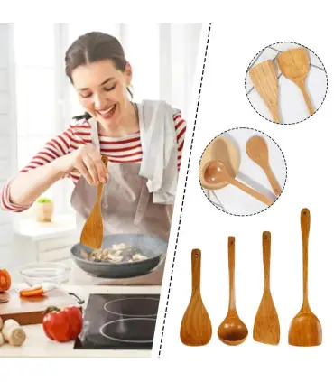 [4pcs] Ensemble d\'ustensiles de cuisine en bois, cuillères en bois pour la cuisine, ustensiles,