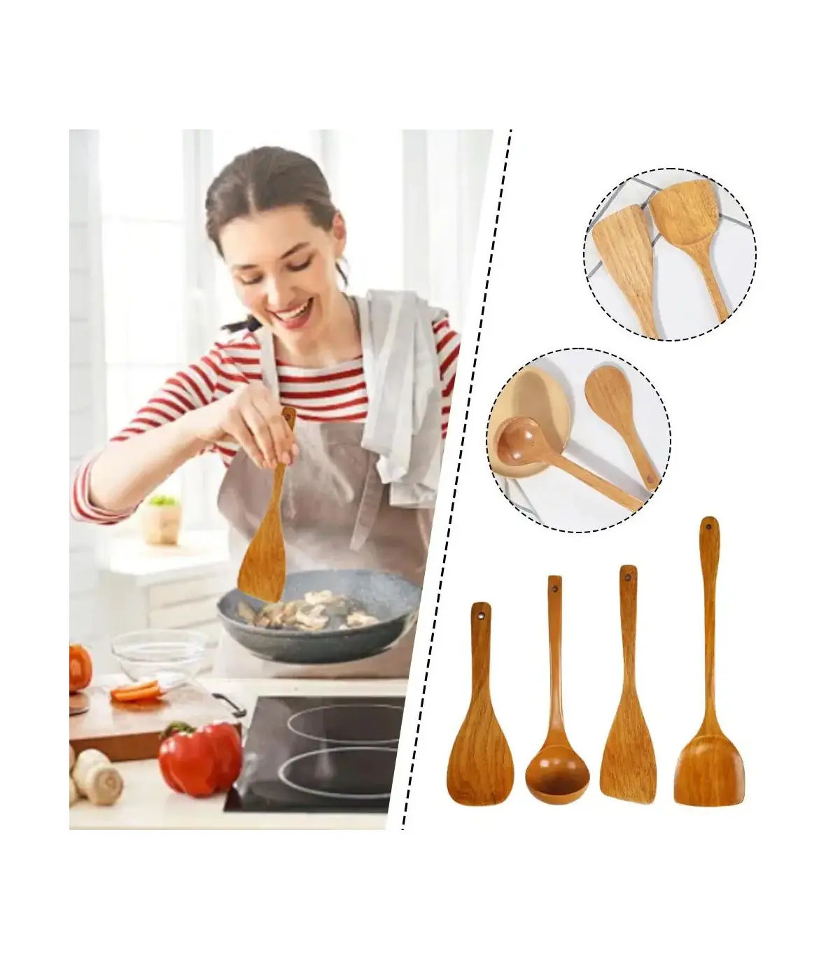 [4pcs] Ensemble d\'ustensiles de cuisine en bois, cuillères en bois pour la cuisine, ustensiles,