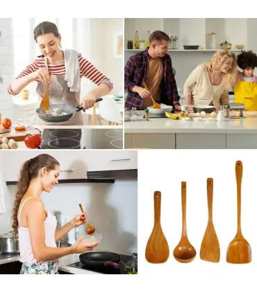 [4pcs] Ensemble d\'ustensiles de cuisine en bois, cuillères en bois pour la cuisine, ustensiles,