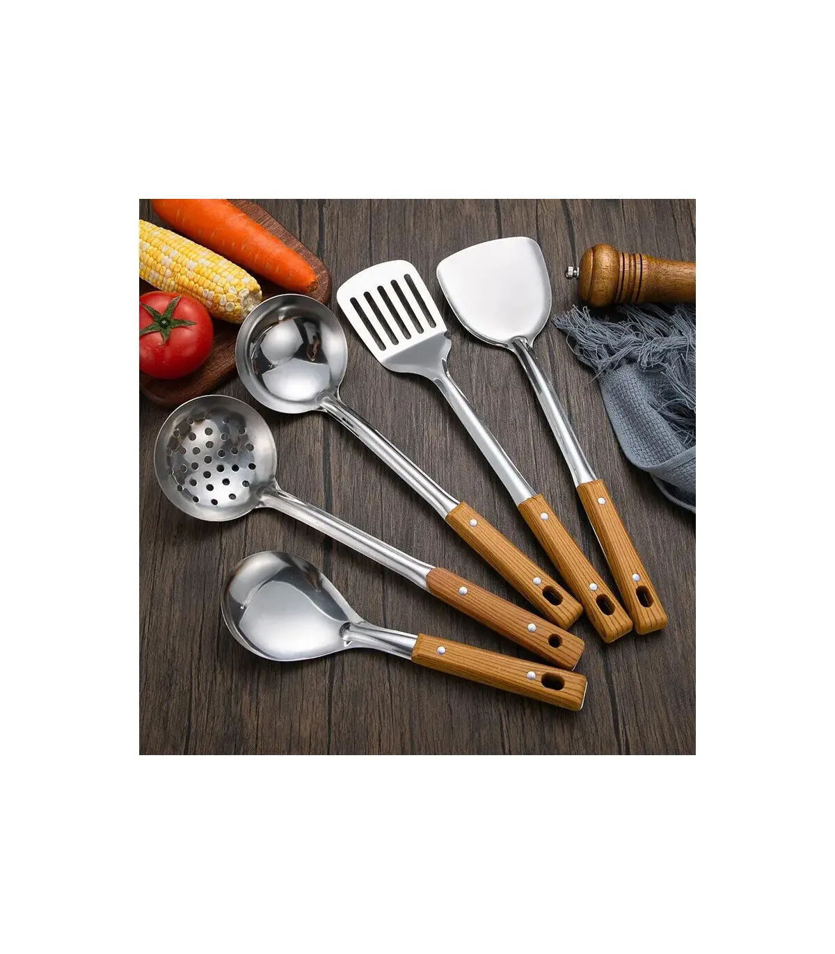 [Spoon] Spatule à manche en Imitation de Grain de bois en acier inoxydable, pelle qui fuit, cui