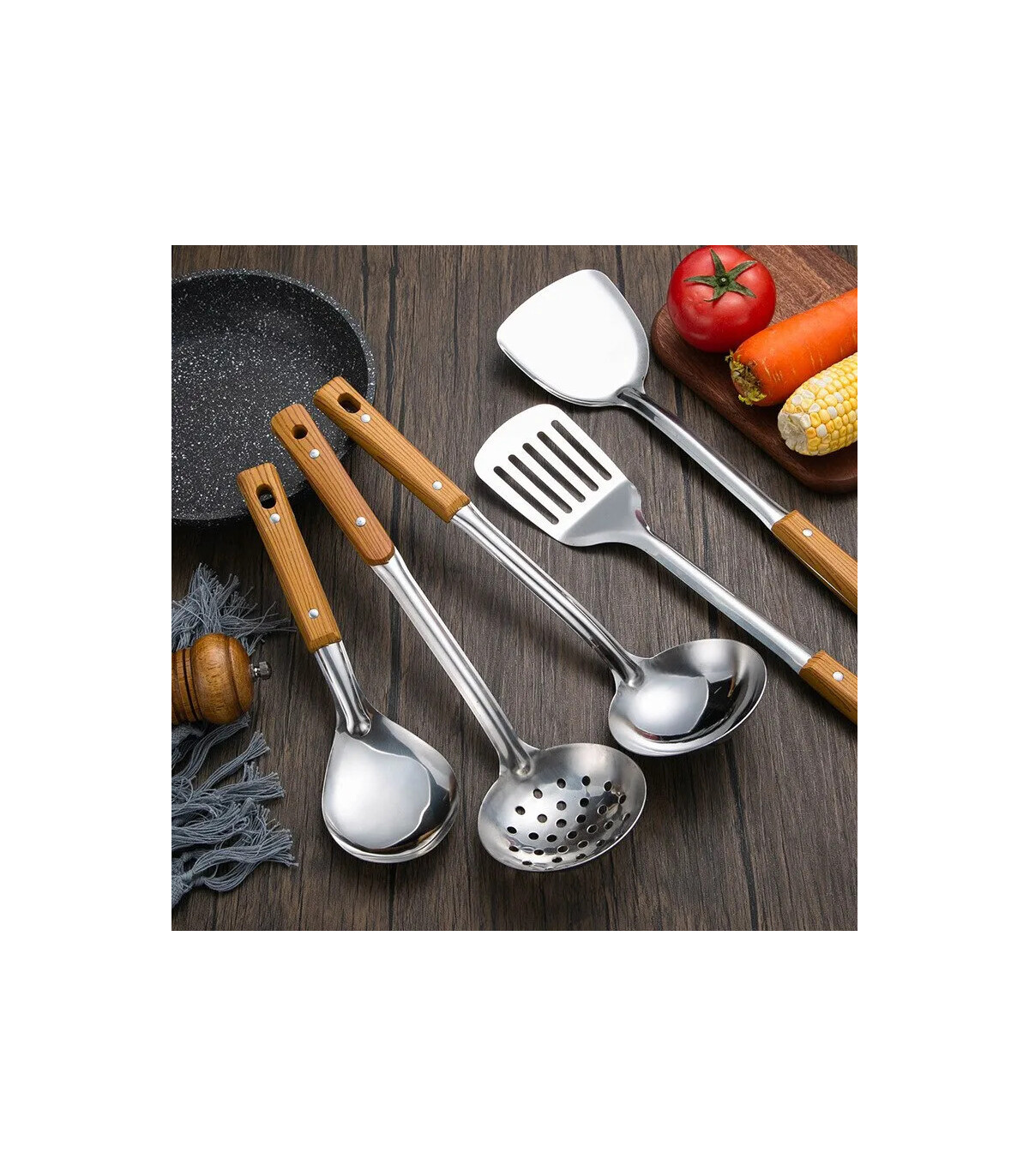 [Spoon] Spatule à manche en Imitation de Grain de bois en acier inoxydable, pelle qui fuit, cui