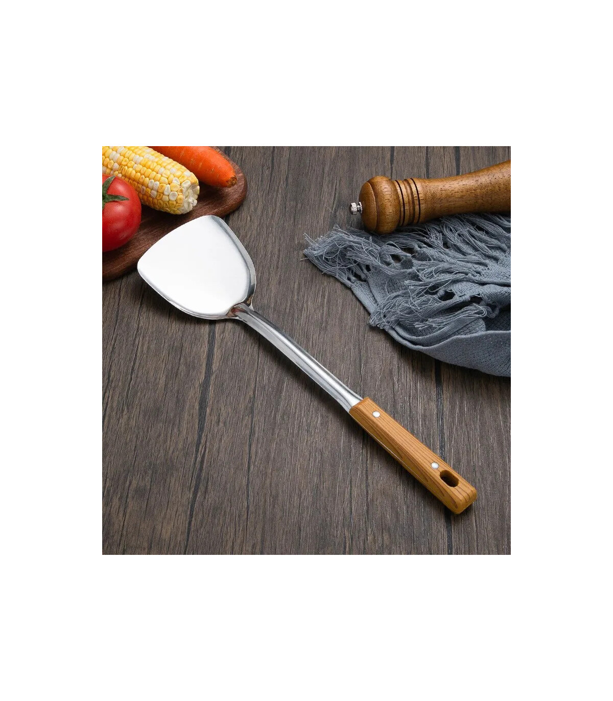 [Spoon] Spatule à manche en Imitation de Grain de bois en acier inoxydable, pelle qui fuit, cui