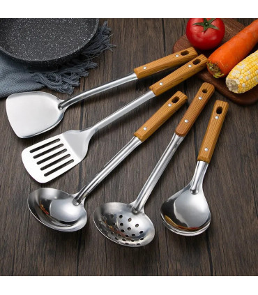 [Spoon] Spatule à manche en Imitation de Grain de bois en acier inoxydable, pelle qui fuit, cui