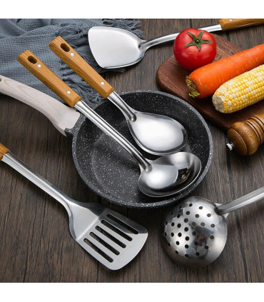 [Rice spoon] Spatule à manche en Imitation de Grain de bois en acier inoxydable, pelle qui fuit