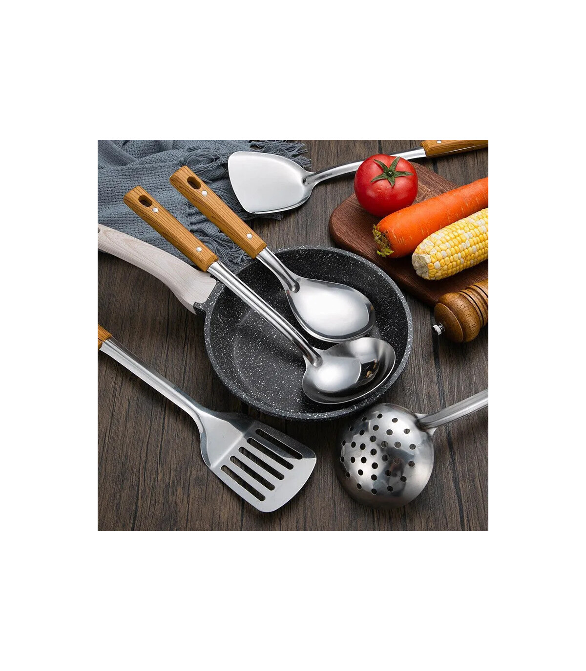 [Rice spoon] Spatule à manche en Imitation de Grain de bois en acier inoxydable, pelle qui fuit