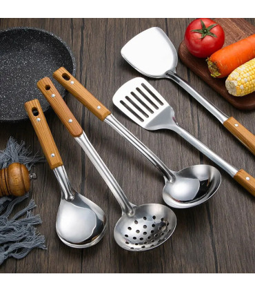 [Rice spoon] Spatule à manche en Imitation de Grain de bois en acier inoxydable, pelle qui fuit