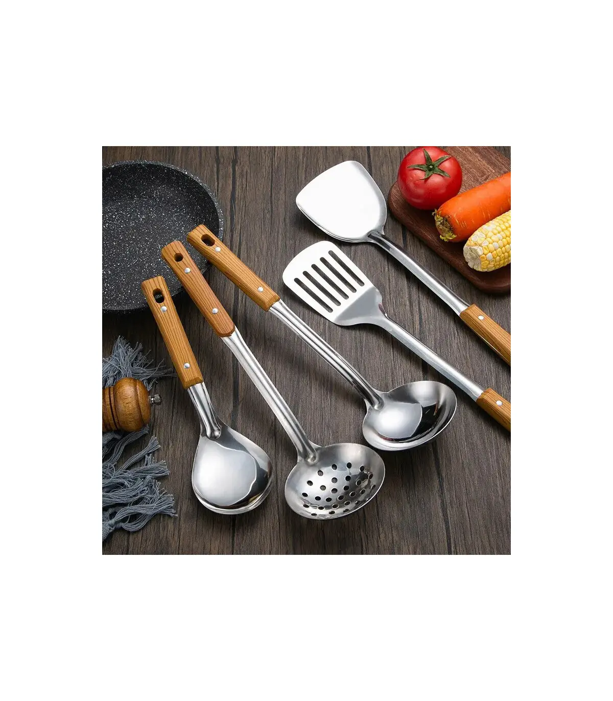 [Rice spoon] Spatule à manche en Imitation de Grain de bois en acier inoxydable, pelle qui fuit