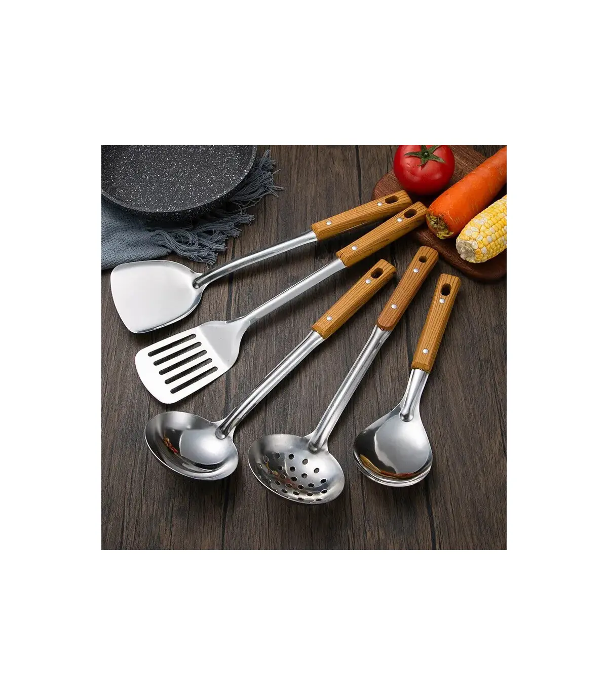 [Rice spoon] Spatule à manche en Imitation de Grain de bois en acier inoxydable, pelle qui fuit