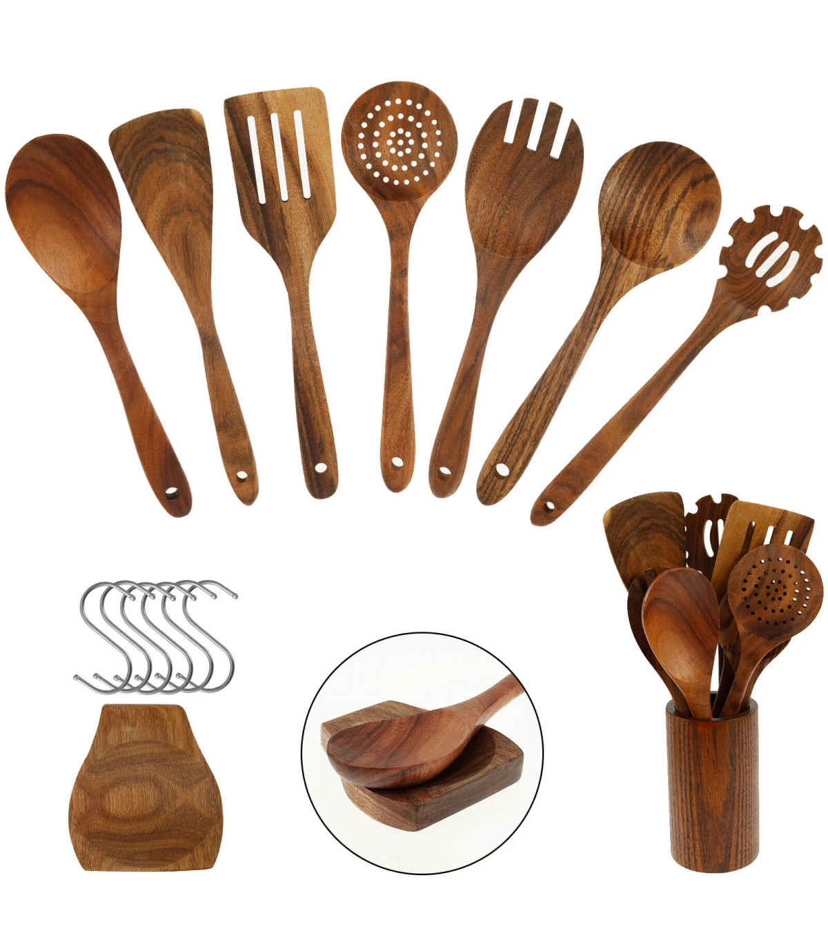 [Wood no Holder B] Ensemble d\'ustensiles en bois, ensemble d\'ustensiles de cuisine, Kit d\'usten