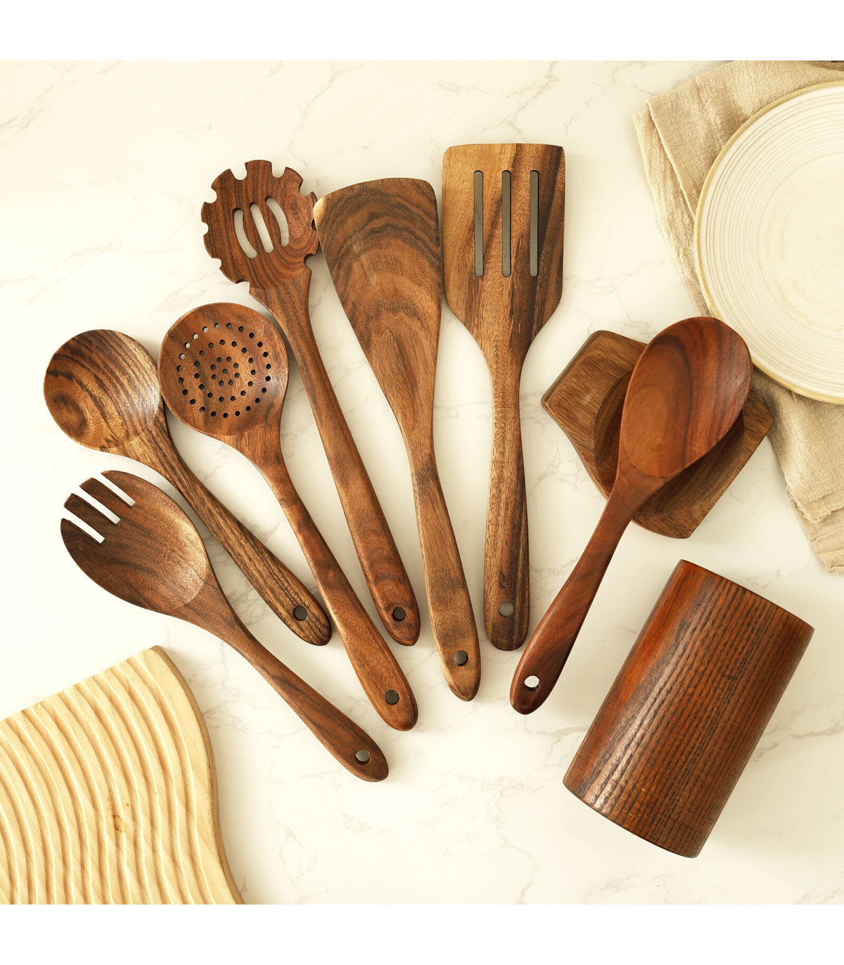 [Wood no Holder B] Ensemble d\'ustensiles en bois, ensemble d\'ustensiles de cuisine, Kit d\'usten
