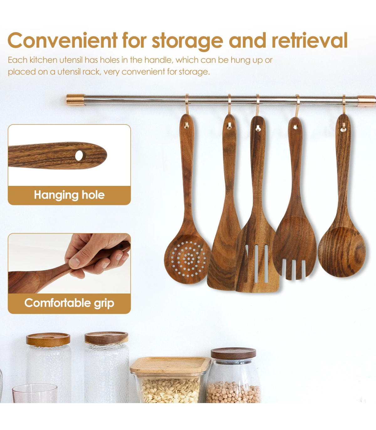 [Wood no Holder B] Ensemble d\'ustensiles en bois, ensemble d\'ustensiles de cuisine, Kit d\'usten