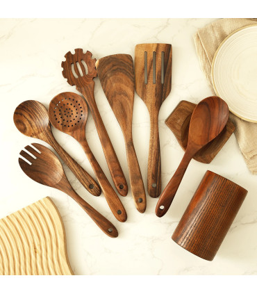 [Wood with Holder A] Ensemble d\'ustensiles en bois, ensemble d\'ustensiles de cuisine, Kit d\'ust