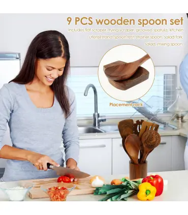 [Wood with Holder A] Ensemble d\'ustensiles en bois, ensemble d\'ustensiles de cuisine, Kit d\'ust