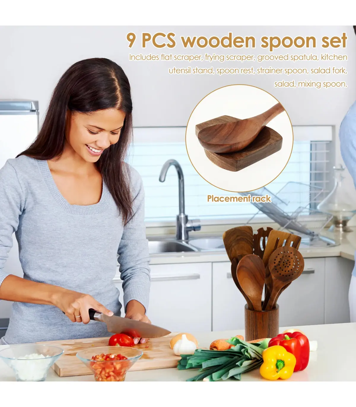 [Wood with Holder A] Ensemble d\'ustensiles en bois, ensemble d\'ustensiles de cuisine, Kit d\'ust