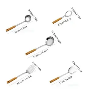 [5pcs] Ensemble de spatule de cuisine en acier inoxydable, manche brûlant, cuillère, passoire, 
