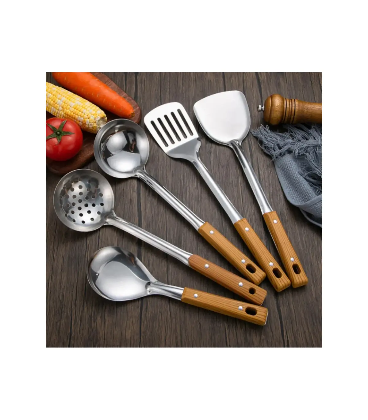 [5pcs] Ensemble de spatule de cuisine en acier inoxydable, manche brûlant, cuillère, passoire, 