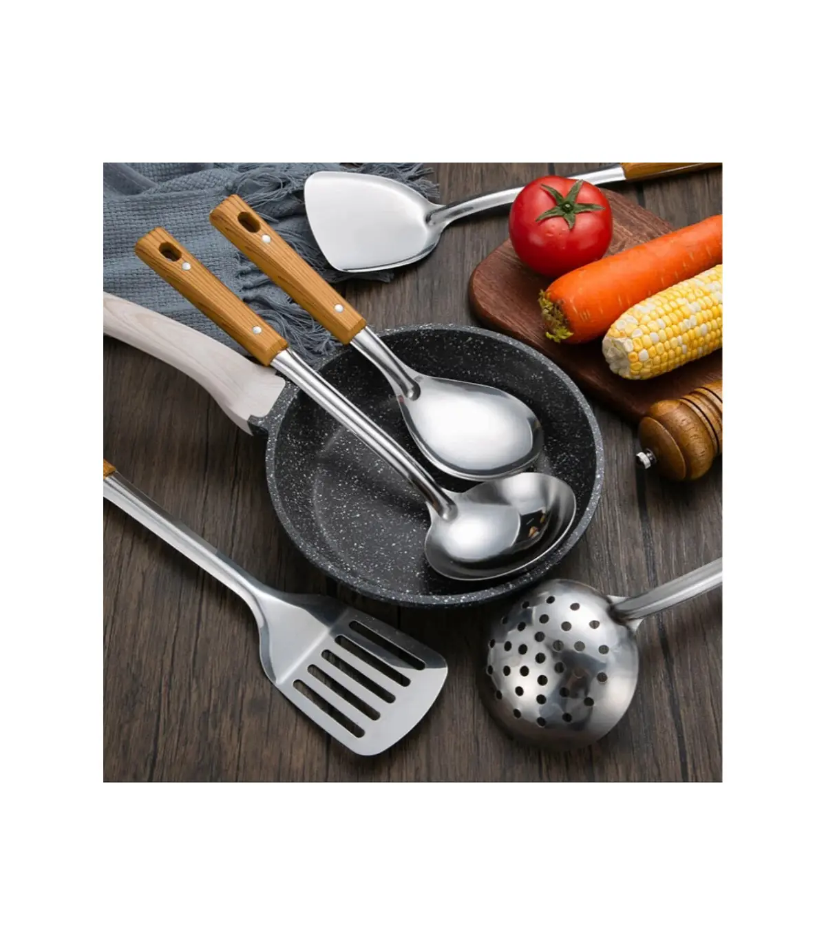 [5pcs] Ensemble de spatule de cuisine en acier inoxydable, manche brûlant, cuillère, passoire, 